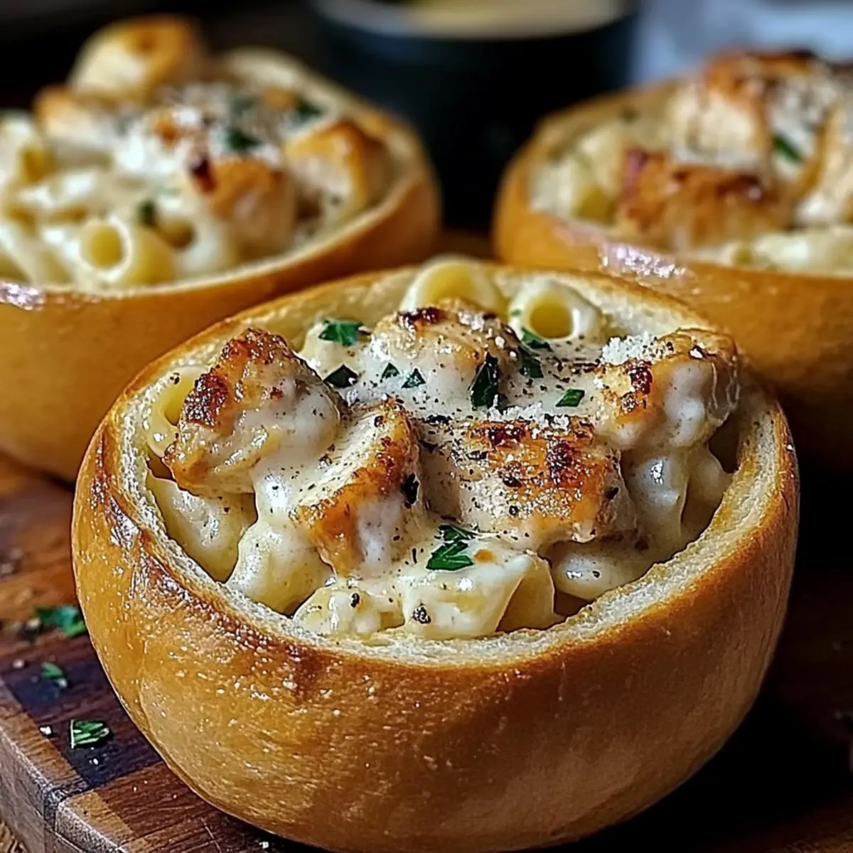Chicken Alfredo Garlic Bread Bowls