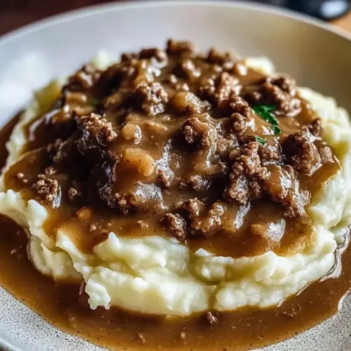 Ground Beef and Gravy Over Mashed Potatoes