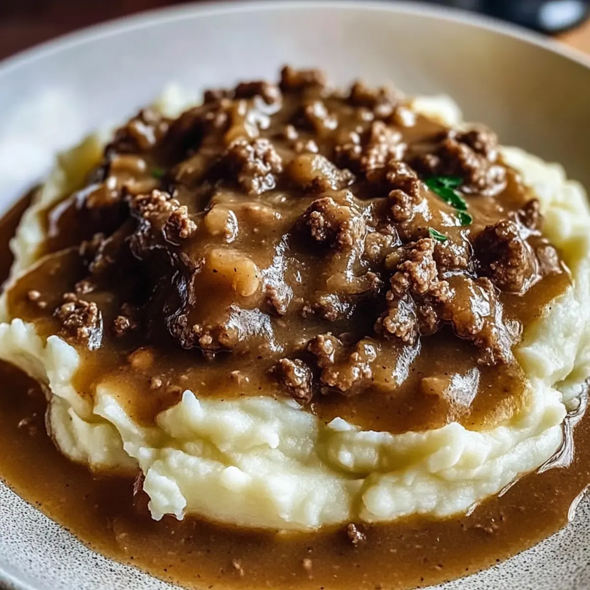 Ground Beef and Gravy Over Mashed Potatoes