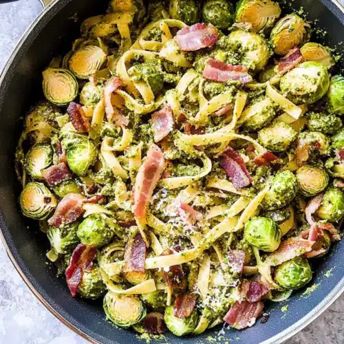Brussels Sprouts and Bacon Pesto Pasta